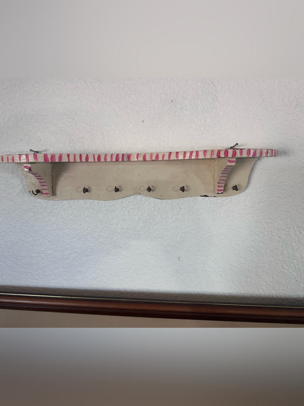 VTG Cream and Pink Chippy Striped Wall Shelf w/Small Hooks. 15" x 2.5"